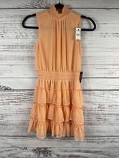 Express Dress Womens XS Peach Ruffle Tiered Smocked Waist Mini High Neck Chiffon