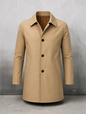 Cacharel Men s L Beige Solid Mid-Length Overcoat Button Front Point Collar
