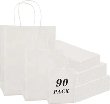 Bulk White Paper Gift Bags with Handles, 90-Pack for Shopping &
