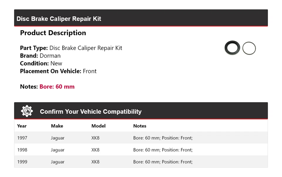Ремонтный комплект переднего суппорта дискового тормоза 1998 для Jaguar XK8 Dorman 1997-1999 годов выпуска - Изображение 2 из 4