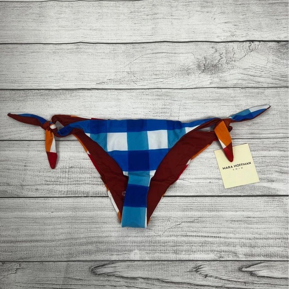 NUEVO Braguita de bikini Mara Hoffman Sita con corbata lateral en blanco a cuadros múltiples UPF50+ talla XL Foto 2 de 4