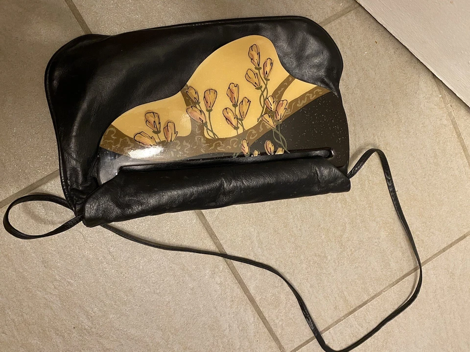 BOLSO PATRICIA SMITH MOON 1984 BOLSO MONEDERO CUERO PLATEADO NEGRO ORO ENCAJE JOYAS GEMA Foto 2 de 4