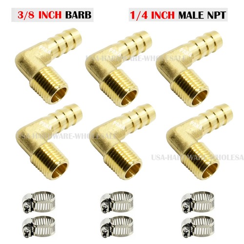 (6Pack) 3/8" Hose Barb Elbow X 1/4" MALE NPT Brass Pipe Fitting NPT Thread clamp