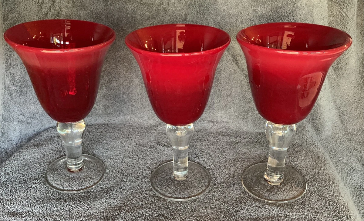 Ruby RED WATER GOBLETS Clear Stem Wine Glasses Set Of 3 Clear