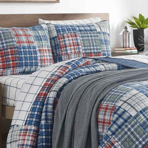 Nautica Quilt Set 90" x 90" Full/Queen Soft Cotton Polyester Plaid Blue 3-Piece - Picture 7 of 11
