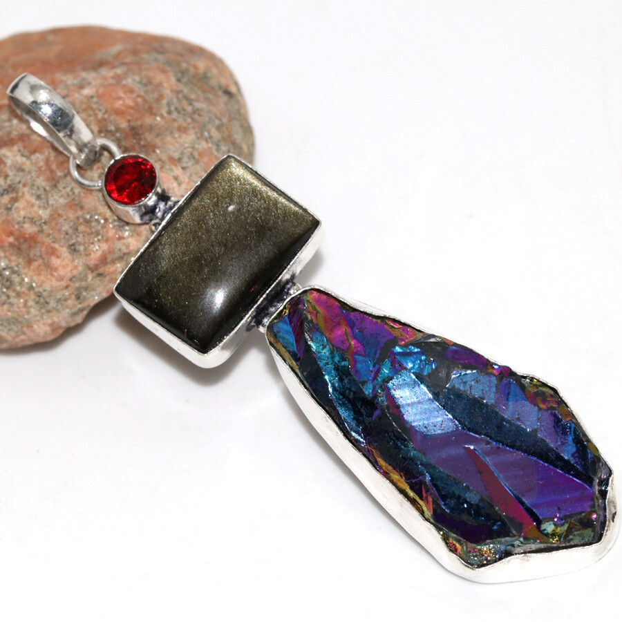 Peacock Titanium Kyanite Silver Obsidian Long Gemstone Pendant 3.4