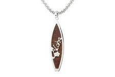 Hawaiian Surfboard Pendant - Hawaii Koa Wood, Rhodium over Brass, Aloha Necklace