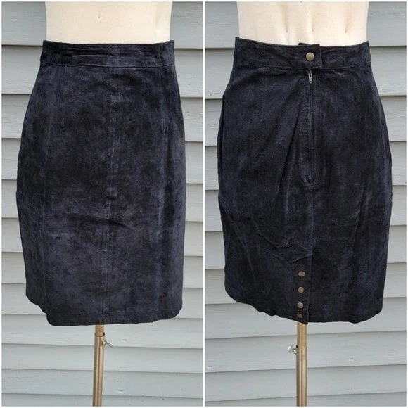 Vintage 90s y2k Bratz Black Suede Leather High Waisted Midi Length Pencil Skirt - Image 2 of 4