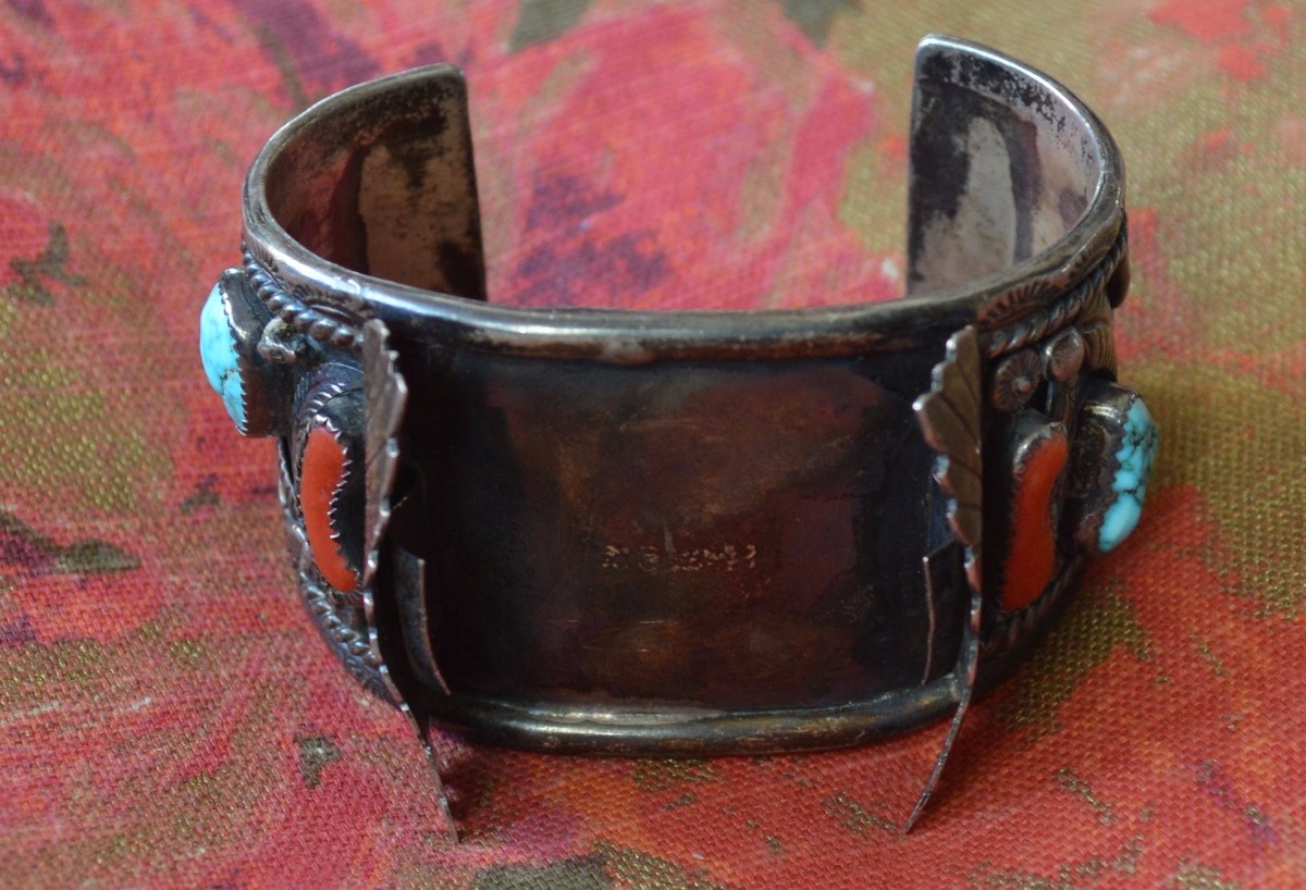 NAVAJO SIGNED J. TOADLENA STERLING SILVER CORAL TURQUOISE CUFF
