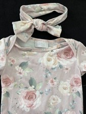 Toby Pink Floral Knit Tie Bottom Gown & Bow Headband-0-6Mos
