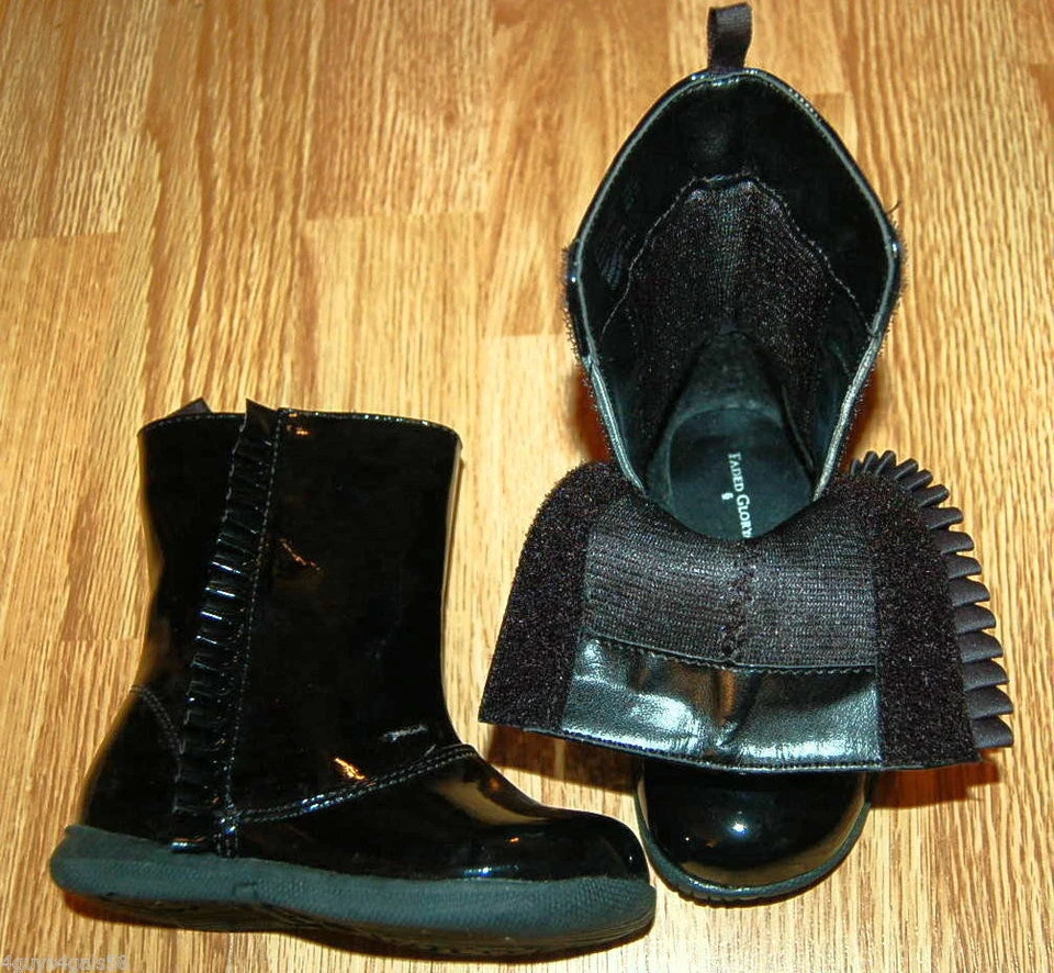 NIÑAS PEQUEÑAS Botas Negras BRILLANTES Charol VOLANTES Elegantes Talla 5 Foto 2 de 4