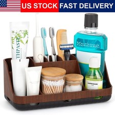 Wood Toothbrush Holder Bathroom Organizer 7 Slots 2 Tier Drain Holes Anti Slip