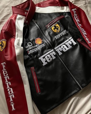 90 s Red Ferrari Embroidered Vintage F1 Racing Leather Motorcycle Riding Jacket
