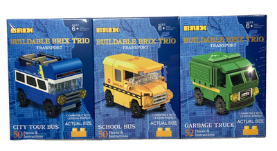 Brix Trio Transport Series Building Blocks City Tour, School Bus & Garbage Truck