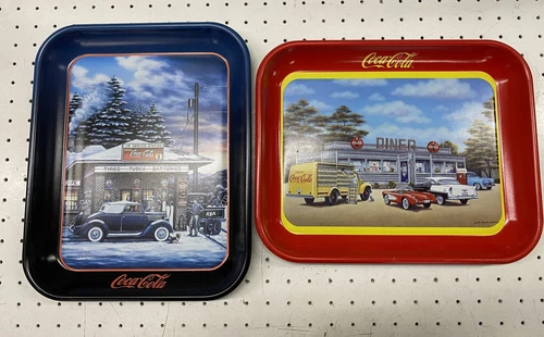 Vintage Coca-Cola Serving Tin Trays Lot 2 Service Station Diner Cars Multi-Color