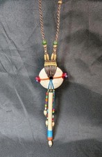 Women's Tribal Style Multi Color Beaded Carved Stone Macrame 18" Cord Necklace 
