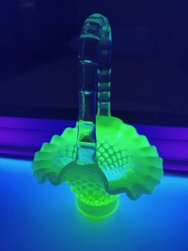 Vintage Fenton Hobmail Glass Vaseline Uranium Yellow Basket Glowing