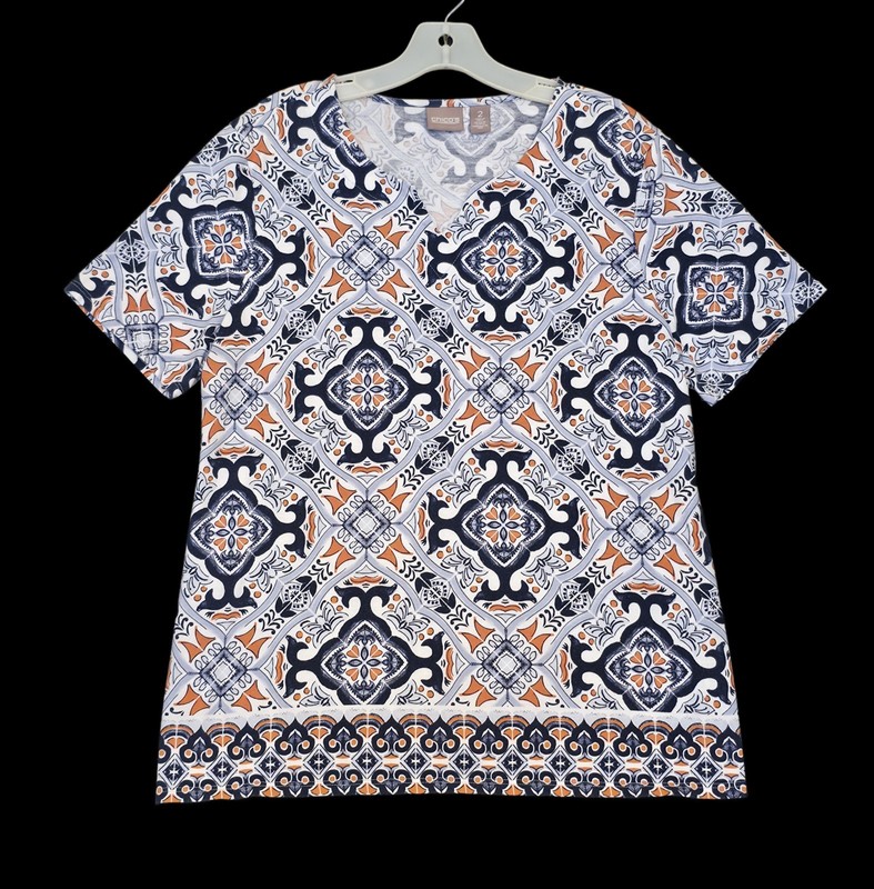 CHICO'S Size 2 ( Large 12/14) Navy Blue/Orange Tee Top