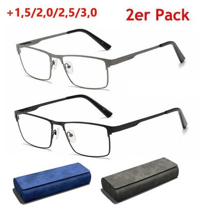 2x Herren Metall Lesebrille Blaulichtfilter Leser +1,5/2,0/2,5/3,0 + Brillenetui