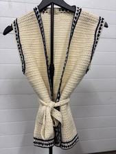 Vintage Crochet Vest Womens Medium Ivory Blue Boho Handmade