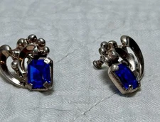 Circa 1950 Sterling Screwback Earrings with Deep Blue Glass Stone