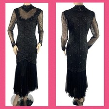 Vintage JUDITH ANN Creations Black Beaded Prom Formal Dress Gown S 80s 90s