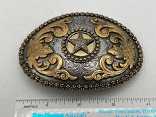 Nocona Texas TX Star Floral Gold / Silver Tone Western Oval Belt Buckle