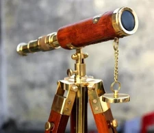 Vintage Solid Brass Telescope with Wooden Tripod – Nautical Navy Ship Decor