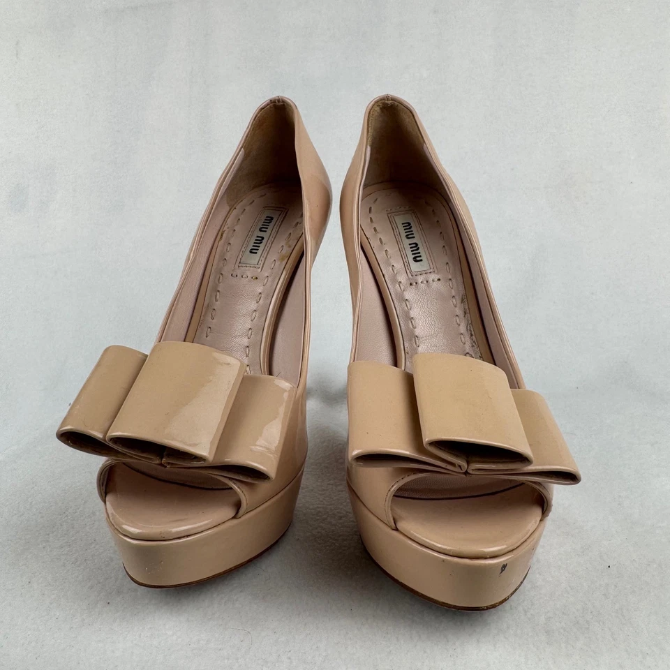 Miu Miu Womens Nude Beige Patent Leather Peep Toe Platform Bow Heels Size 37 - Image 2 of 4