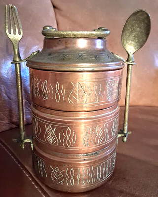 Tiffin Carrier Brass Indian Vintage Lunch Box w/ Fork and Spoon Vintage 1960s 