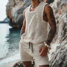 Men Summer Outfit 2-Piece Set Short Sleeve Shirt and Shorts Sweatsuit Set