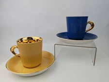 2 Figgjo Flint Norway Demitasse Espresso Cups & Saucers Yellow + Blue With Gold 