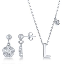 Sterling Silver Shiny "L" with Tiny CZ Flower Necklace and Earrings Set