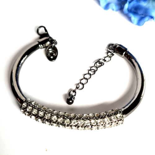 Gun Metal Cuff Bracelet With Pavé Rhinestones Designer Silver-Tone Signed C - Picture 6 of 14