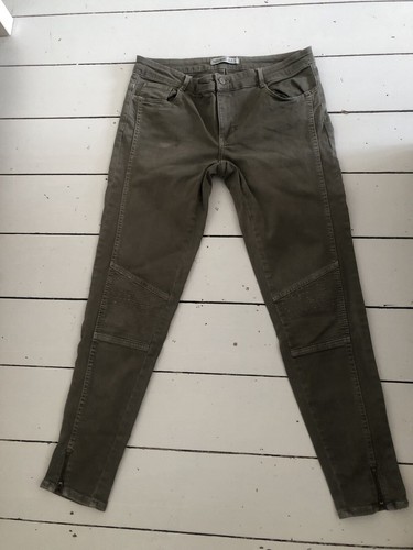Zara Damen Jeans Größe 42 /14 Kaki Grün Slim Fit Mid Rise Skinny Biker Reißverschluss Saum