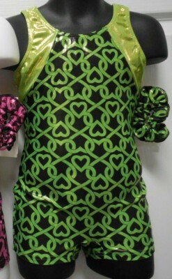  FOIL Shorty unitard Pink or Lime Hearts Gymnastics Acro over 50 available NWT