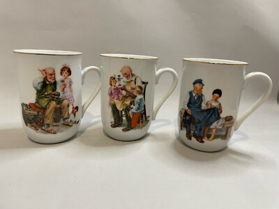 #ad Vintage Norman Rockwell Mugs 3 Cups Museum Collection 1986 Gold Rim Excellent $14.95