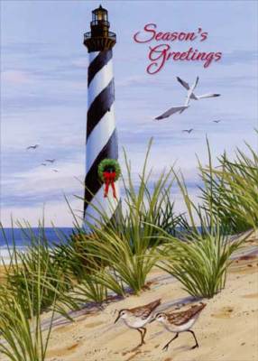 Black & White Lighthouse Red Farm Studios Nautical Christmas Card