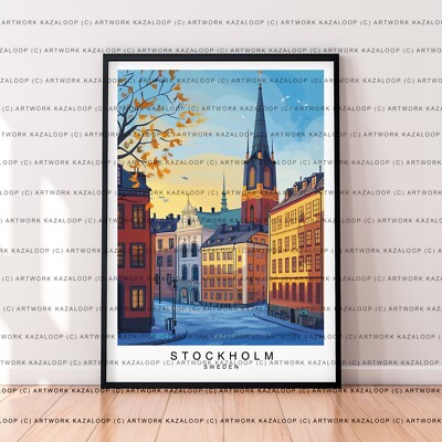 Stockholm Altstadt Sonnenuntergang Blick ungerahmt Illustration Kunst historisch nordisch Poster
