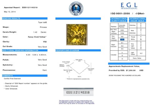 Loose Yellow Diamond Fancy Color Princess Shaped 1.42 Carat VS2 Enhanced Natural - Picture 3 of 10
