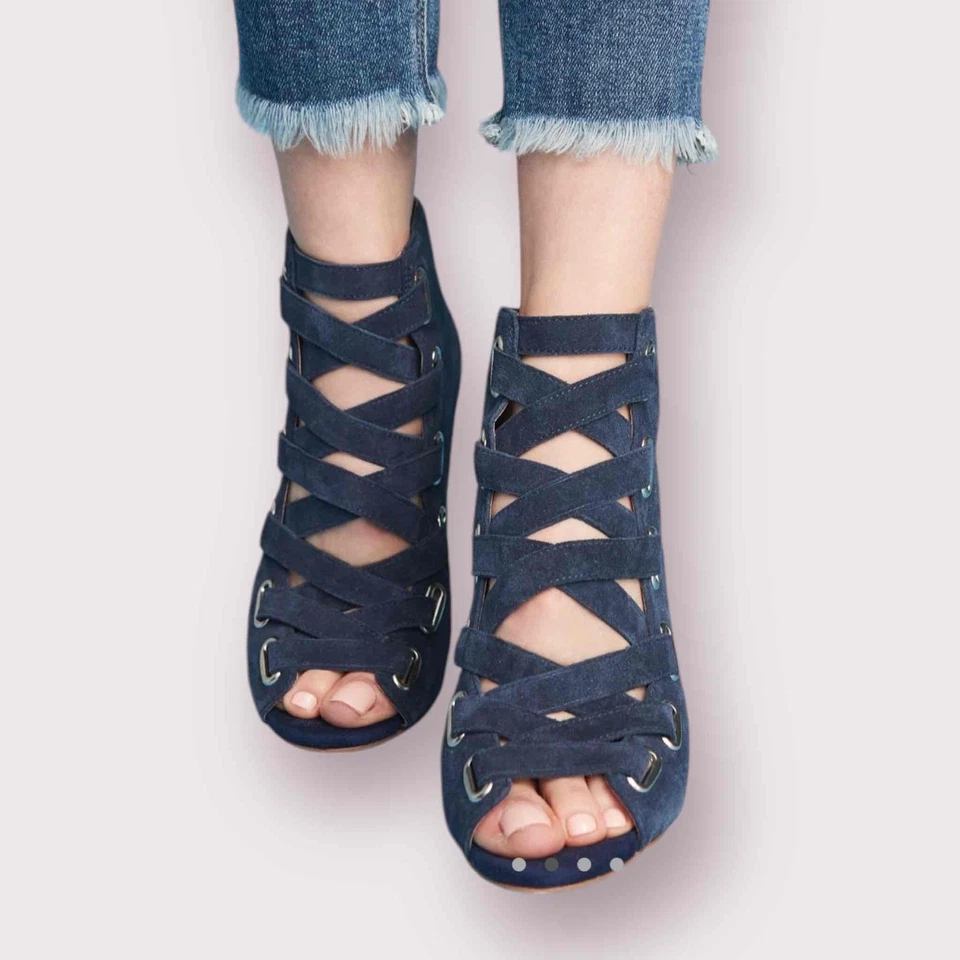 Sandalias Jeffrey Campbell Azul Gamuza Con Cordones Tacón Bloque Punta abierta Salazar Talla 9.5 Foto 2 de 4