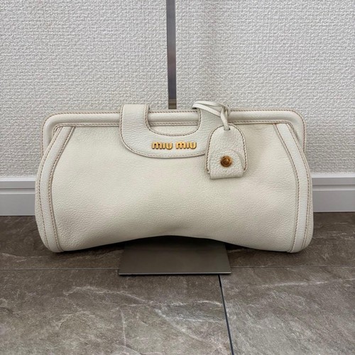 MIU MIU Clutch Bag Second Bag Logo Leather Off White Authentic
