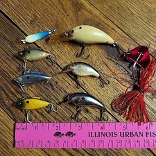 Lot Of 8 Fishing Lures (3)SHAD,Bass,RAT-L-TRAP,(3)divers,1Topwater,1 ice Fishing