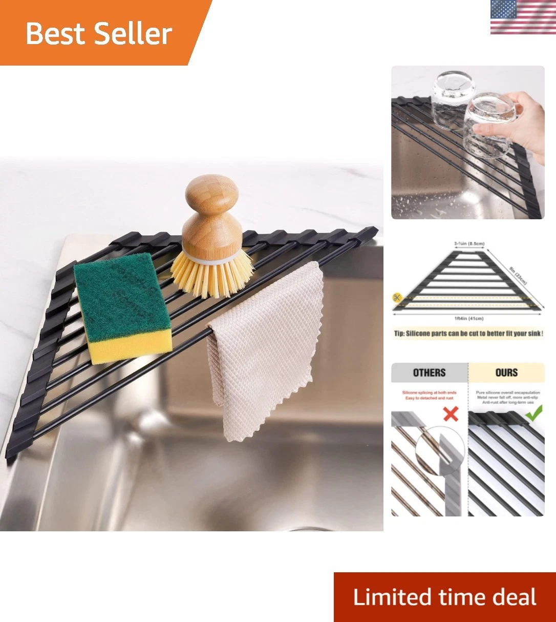 Small Triangle Roll-Up Dish Drying Rack with Silicone Coating Stainless Steel...