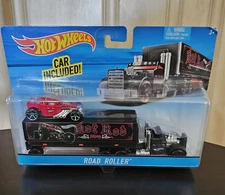 Hot Wheels Road Roller Transport Semi Rig w/ Bone Shaker Red Hot Rod New 2015
