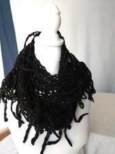 Cute Children's Place Girl's Infinity Scarf Black Crochet Open Weave Tassels