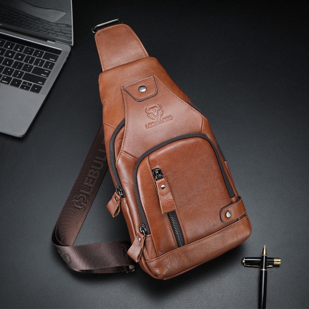 LEBULLBRO Men Sling Backpack Genuine Leather Chest Crossbody Travel Shoulder Bag