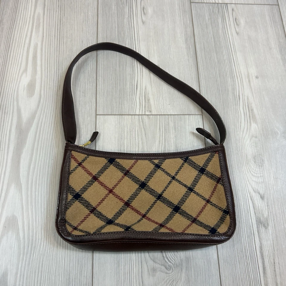 Bolsa de mão Brooks Brothers xadrez couro italiano pequena marrom e lã marrom - Imagem 2 de 4