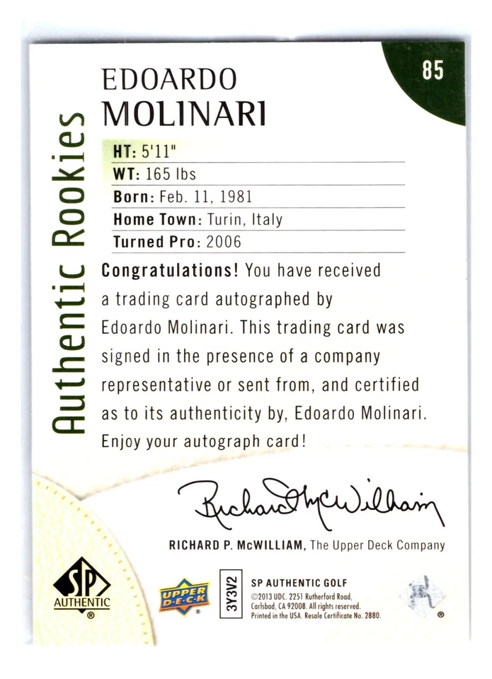 Edoardo Molinari 2014 SP Authentic /699 Auto #85 Rookie - Image 2 of 2