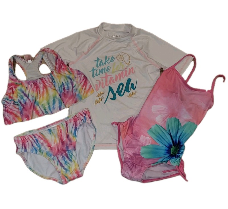 🏖  Girl's L 10-12 Swimsuit Lot New Swim Suit Tie Dye Tankini Rashguard Floral 1